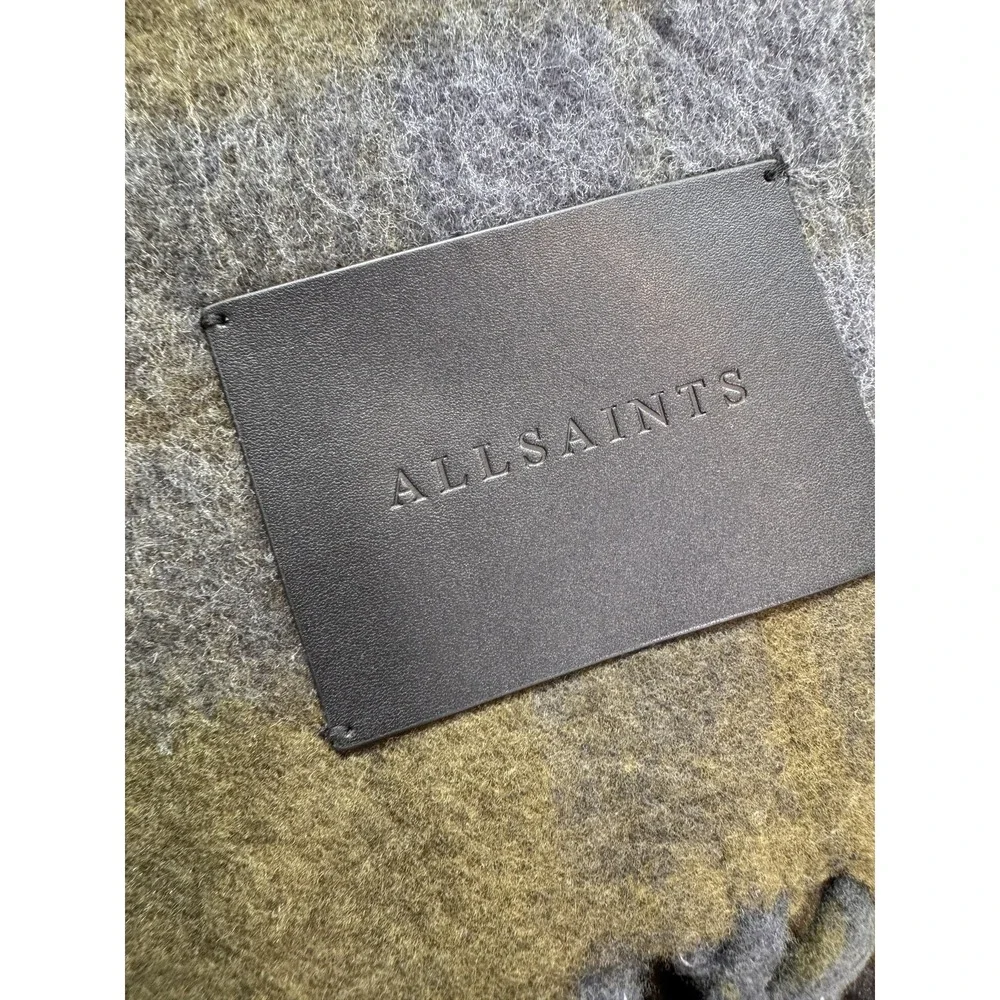 AllSaints Rilas Strk Brushed Check Scarf Mens One Size Green Plaid Fringe